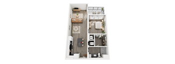A top-down view of a small apartment with a living room, kitchen, and bathroom.