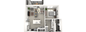 A 3D floor plan of a small apartment with a kitchen, living room, and bedroom.