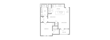 A floor plan of a house with a garage, dining room, living room, kitchen, and two bedrooms.