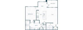 A floor plan of a house with a bedroom, bathroom, pantry, and living room.