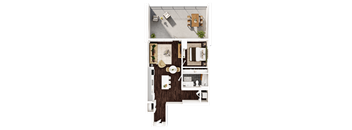 A top-down view of a house interior with a kitchen, dining area, and living room.