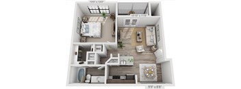 A 3D floor plan of a small apartment with a bedroom, living room, and kitchen.