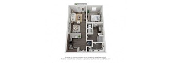 A 3D floor plan of a small apartment with two bedrooms and a living room.