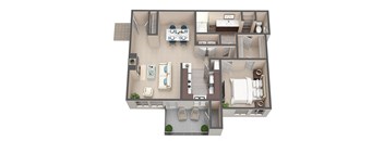 A top-down view of a two-bedroom apartment with a living room, kitchen, and bathroom.