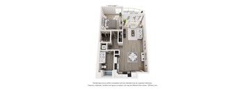 A 3D floor plan of a small apartment with a kitchen, living room, and bathroom.