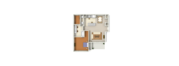 A floor plan of a house with a kitchen, living room, and two bedrooms.