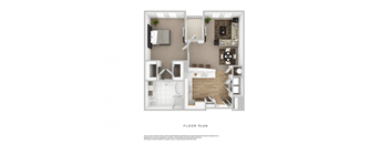 A floor plan of a small apartment with a kitchen, living room, and bathroom.