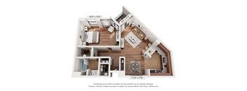 A 3D floor plan of a house with a kitchen, living room, and two bedrooms.