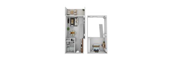 a stylized floor plan with a bedroom and a bathroom