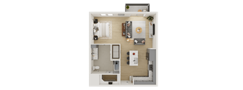 A top-down view of a small, neatly organized apartment with a kitchen, living room, and bathroom.
