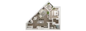 A 3D rendered image of a house layout with a kitchen, living room, and bedrooms.