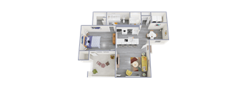 a 3d rendering of a 1 bedroom floor plan with a bathroom and a kitchen