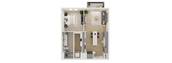 A top-down view of a small apartment with a bedroom, living room, and kitchen.