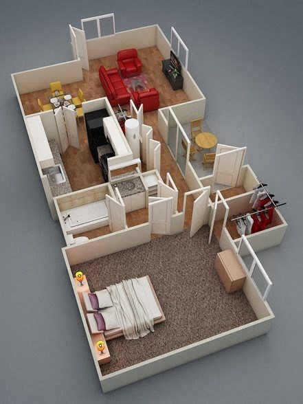 a model of a house with a bedroom and a living room
