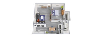 a top down view of a two bedroom apartment with a living room and dining room