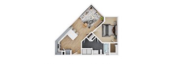 A top-down view of a house interior with a kitchen, living room, and bedrooms.