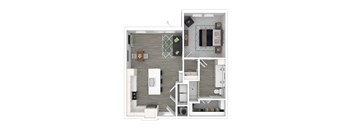 A top-down view of a modern apartment layout with a kitchen, living room, and bathroom.
