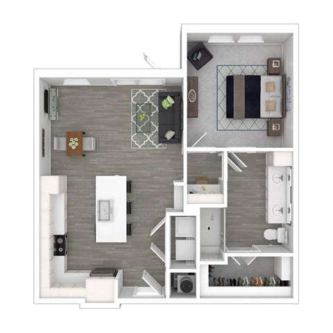A top-down view of a modern apartment layout with a kitchen, living room, and bathroom.