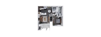 A top down view of a modern apartment with a kitchen, living room, and bathroom.