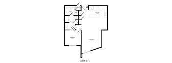 A black and white diagram of a unit with a living room, bedroom, bathroom, kitchen, and closet.