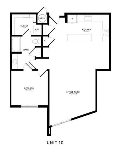 A black and white diagram of a unit with a living room, bedroom, bathroom, kitchen, and closet.