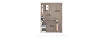 A floor plan of a small apartment with a kitchen, dining room, living room, bedroom, and bathroom.