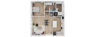 A top-down view of a modern, minimalist living space with a kitchen area.