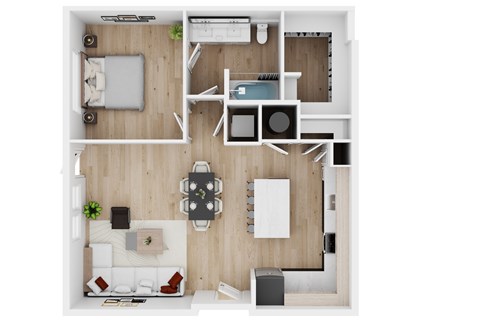 A top-down view of a modern, minimalist living space with a kitchen area.