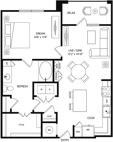 A floor plan of a house with labeled rooms such as RELAX, DREAM, and COOK.