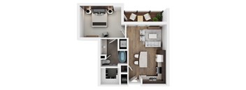 A top-down view of a modern apartment layout.