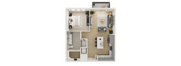 A top-down view of a small, neatly organized apartment with a kitchen, living room, and bedroom.