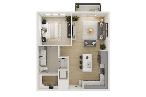 A top-down view of a small, neatly organized apartment with a kitchen, living room, and bedroom.
