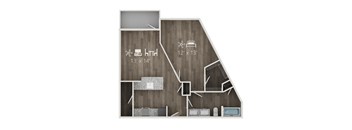 A floor plan of a house with a kitchen, living room, and two bedrooms.