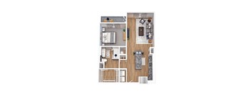 A floor plan of a two-bedroom apartment with a living room, kitchen, and bathroom.