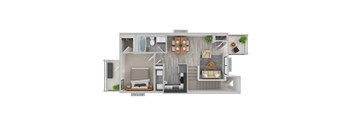 A 3D floor plan of a house with a kitchen, living room, and two bedrooms.