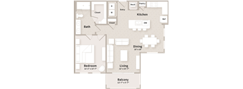 A floor plan of a house with a kitchen, living room, dining room, bedroom, bathroom, and balcony.