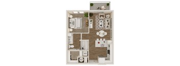 A floor plan of a small apartment with a kitchen, living room, and bathroom.
