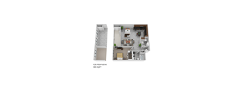 A3A Alternative 985 SQFT floor plan showing a living room, kitchen, and bathroom.