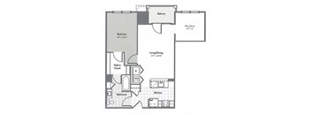 A floor plan of a house with a balcony, bedroom, living/dining area, kitchen, bathroom, and walk-in closet.