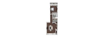 A top-down view of a small apartment with a kitchen, living room, and bathroom.