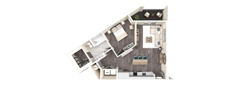 A 3D floor plan of a house layout.