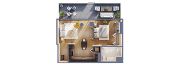 A top-down view of a living space with a kitchen, dining area, and a bedroom.