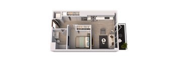 A top-down view of a house layout with a kitchen, living room, and bedrooms.