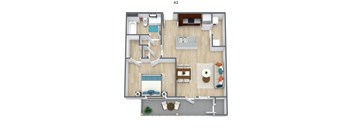 A 3D floor plan of an apartment layout.