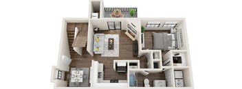 A top-down view of a small apartment with a kitchen, living room, and bedroom.