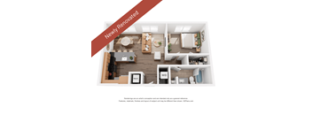 A 3D floor plan of a newly renovated apartment.