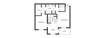 A floor plan of a house with a living room, dining area, kitchen, and bedrooms.