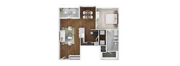 A floor plan of a small apartment with a kitchen, living room, and bathroom.