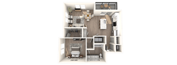 A 3D floor plan of a house showing a kitchen, living room, and bathroom.