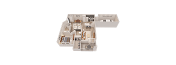 A 3D floor plan of a house showing a living room, kitchen, and two bedrooms.